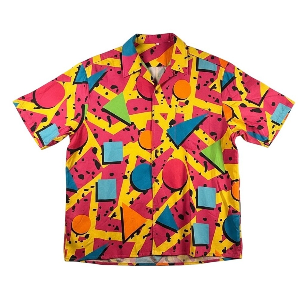 Fun80s 90s Style Geometric Pop Art Button Down Shirt Mens XXL Retro Neon